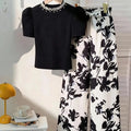 Girls' Beaded T-Shirt Printed Straight-Leg Pants Two-Piece Set