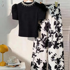 Girls' Beaded T-Shirt Printed Straight-Leg Pants Two-Piece Set