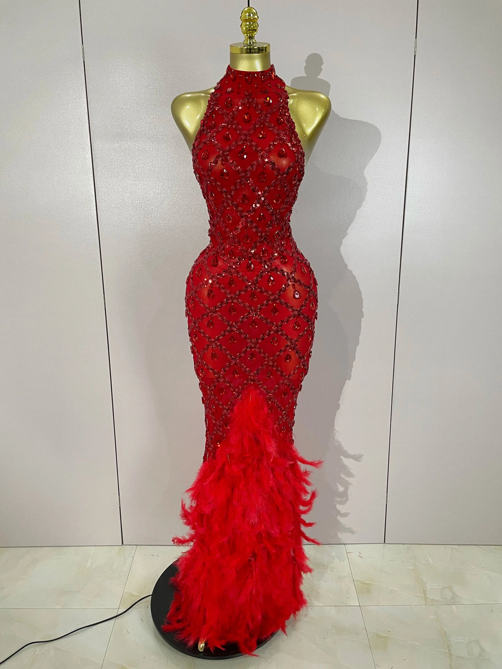 Women's Sparkly Rhinestones Feather Mesh See Through Long Dress