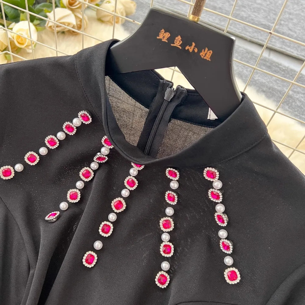 Elegant Long Sleeve Stand Collar 3D Floral Rhinestone Evening Dress