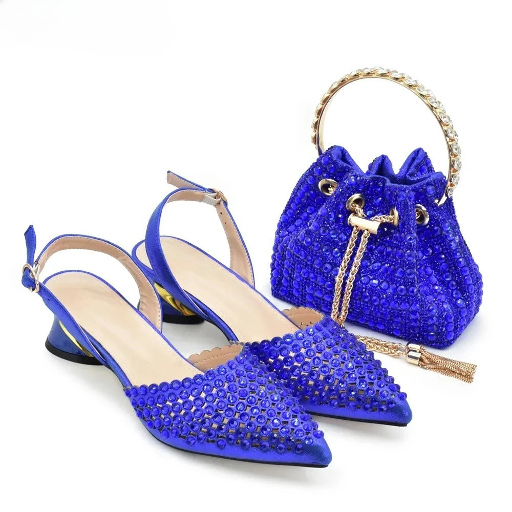 Women's Rhinestone Pointed Toe Mid Heel Pumps and Bag Set