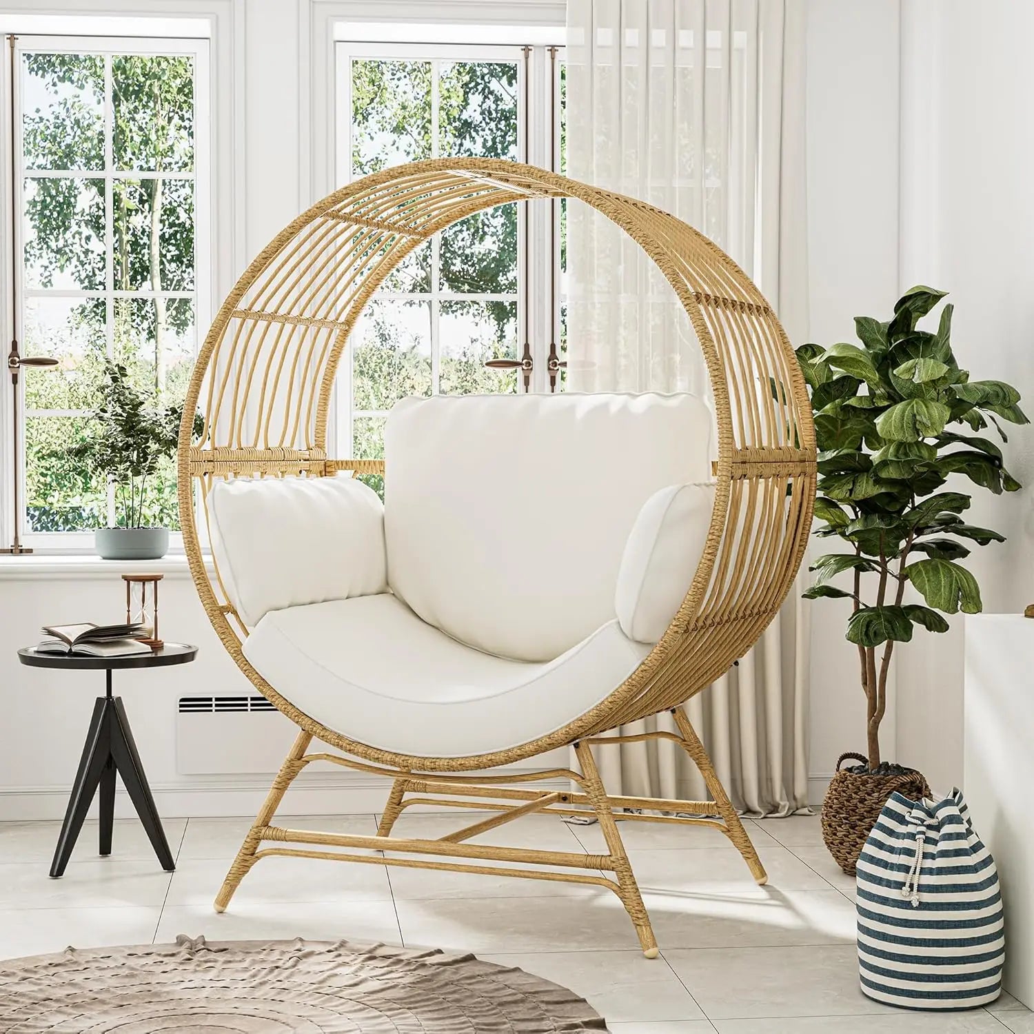 Oversized Rattan Egg Basket Chair with Thickened Cushions