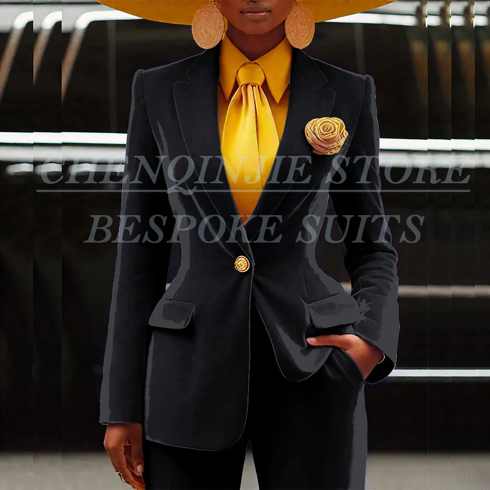 Women's Velvet Notch Lapel Slim Fit 2 Piece Pants Suit