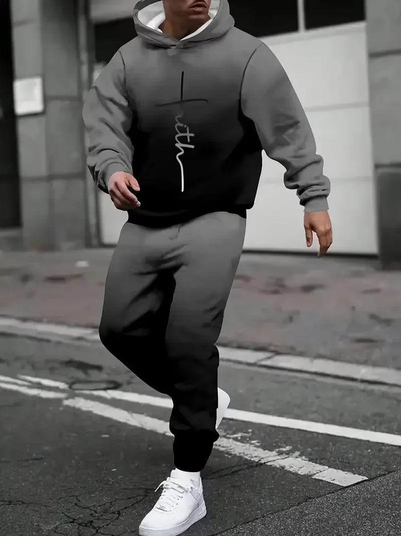 Men's Autumn Gradient 3D Print Hoodie and Sweatpants Tracksuit Set