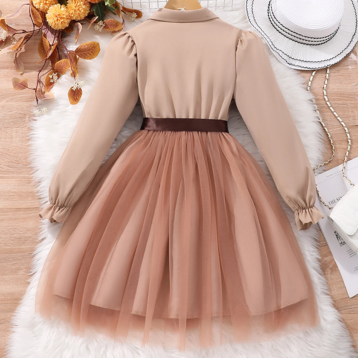 Girls' Solid Lapel Mesh Belted Dress QZ24194A