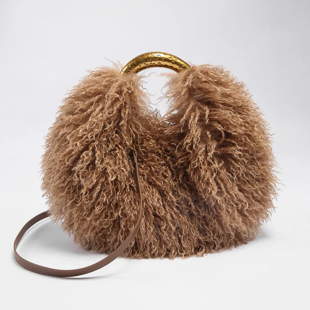 Women's Solid Color Plush Shoulder Bag with Adjustable Strap