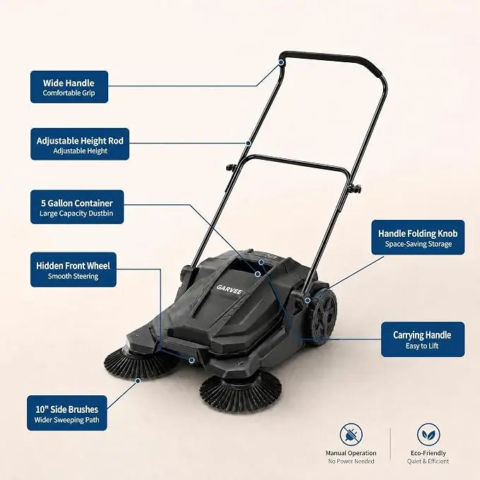 Walk-Behind Hand Push Floor Sweeper and Manual Yard Cleaner