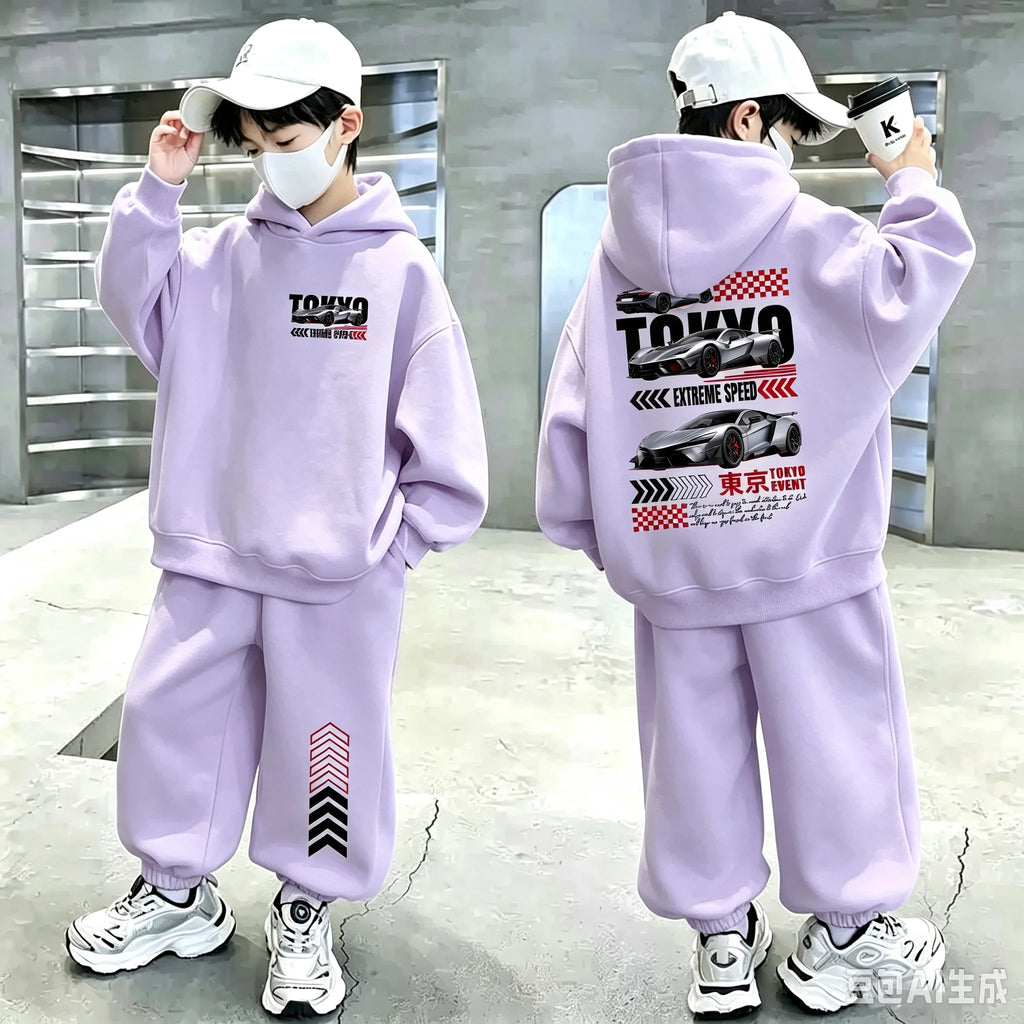 Boys' Racing Print Long-Sleeve Hoodie Shorts Two-Piece Set