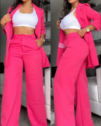 Women's Split Sleeve Blazer Straight Leg Pants Suit Set
