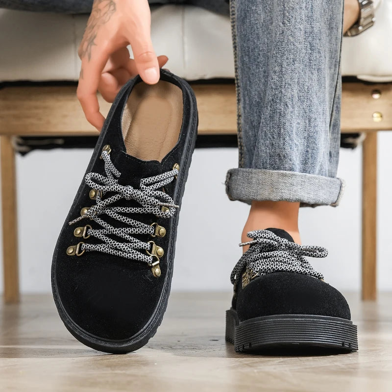 Men's Suede Closed Toe Lace-up Flat Loafer Slippers