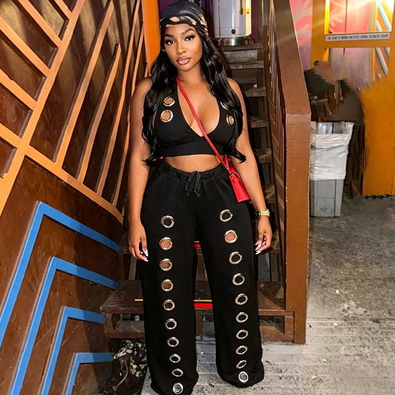Women's Sexy Hollow Out Halter Crop Top and Wide Leg Pant Two Piece Set