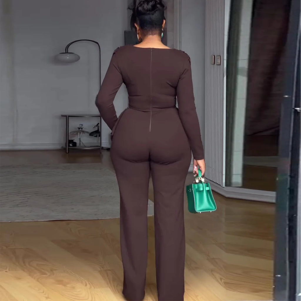 Women's Swing Collar Ruched Long Sleeve Jumpsuit