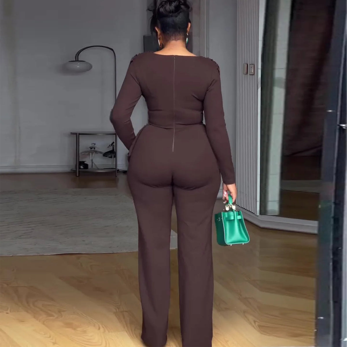 Women's Swing Collar Ruched Long Sleeve Jumpsuit