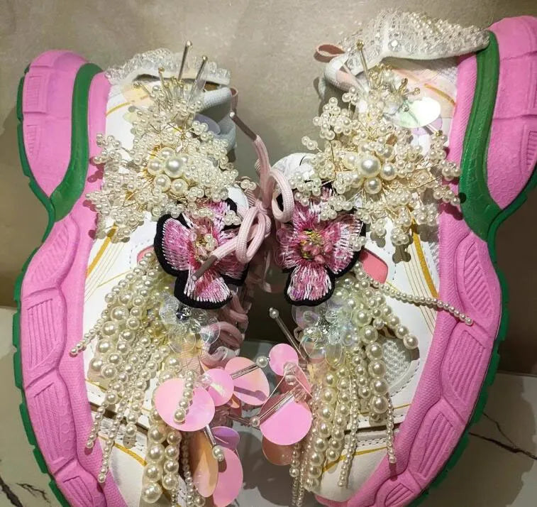 Women's Floral Pearl Beaded Tassel Daddy Sneakers C55-1