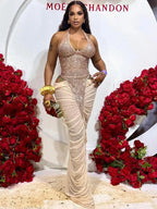 Women's Sexy Sequin Mesh Ruched Maxi Dress
