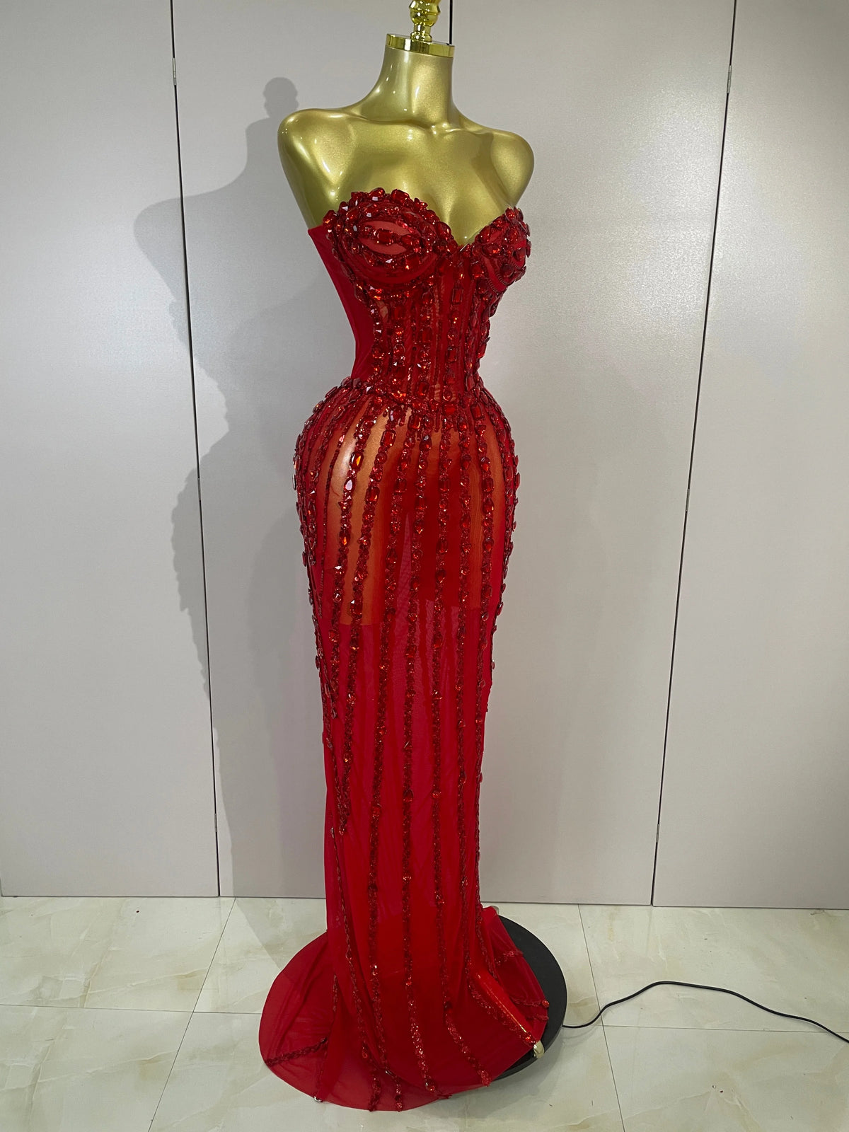 Women's Sexy Strapless Mesh Diamond Maxi Dress