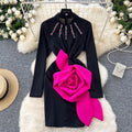 Elegant Long Sleeve Stand Collar 3D Floral Rhinestone Evening Dress