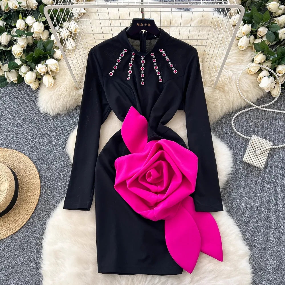 Elegant Long Sleeve Stand Collar 3D Floral Rhinestone Evening Dress
