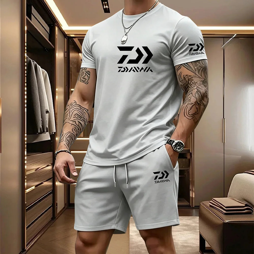 Men's Casual Round Neck T-Shirt and Drawstring Shorts Set