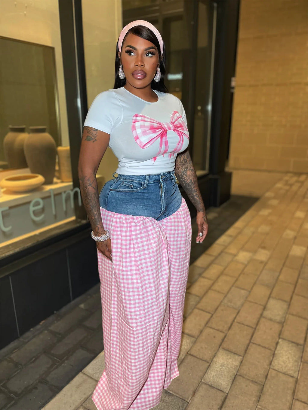 Women's Patchwork Wide Leg Jeans Two-Piece Plaid Tracksuit Set