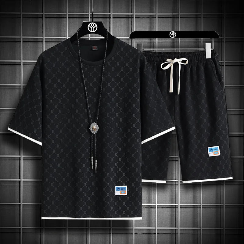 Men's Casual Checkered Shirt and Shorts Two Piece Set