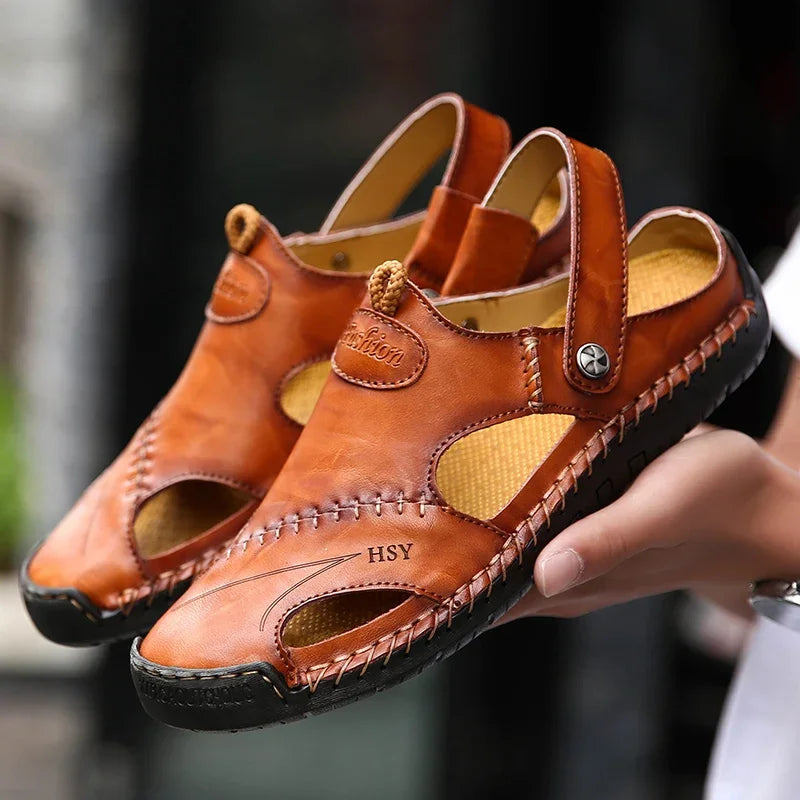 Yeinshaars Men's Casual Sandals Genuine Leather Non-Slip Flat Heel