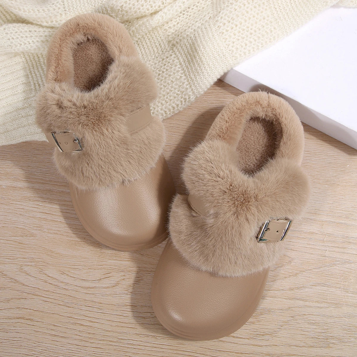 Women's Waterproof EVA Furry Clogs Metal Buckle Thick Sole