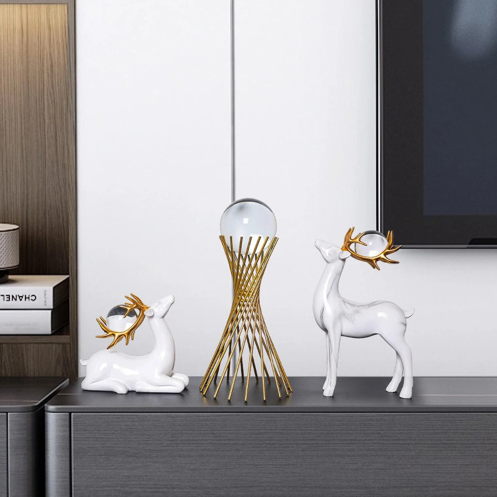 Golden Metal Crystal Ball Deer Figurine and Tabletop Ornament