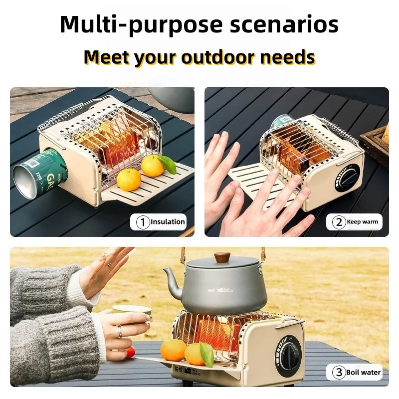 Portable 2-in-1 Camping Gas Stove and Heater with Foldable Shelf