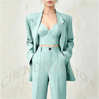 Women's Single Button Tailored Blazer and Pants Suit Set