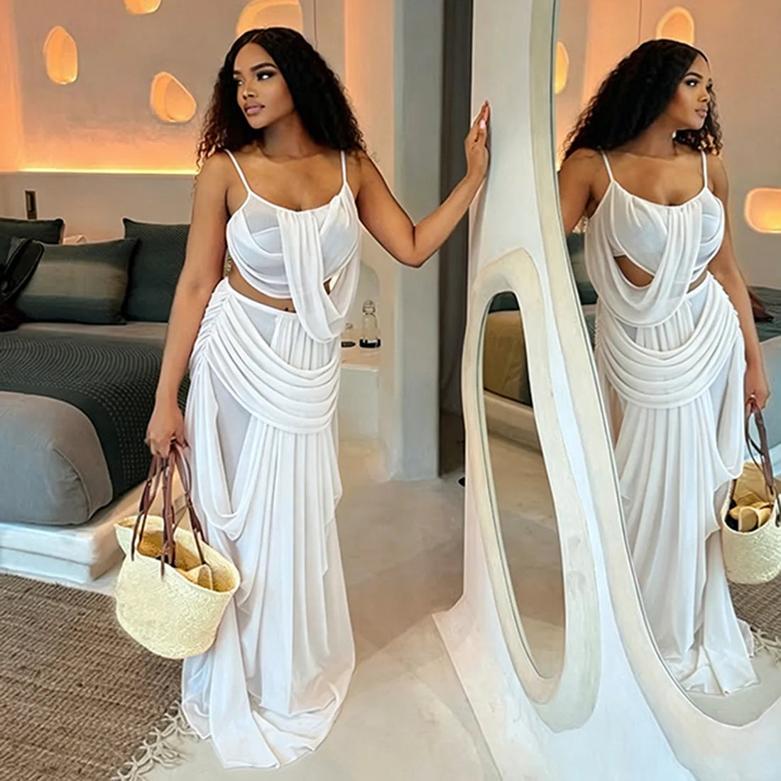 Draped Ruched Mesh Maxi Dress Spaghetti Strap Cutout Cover Up