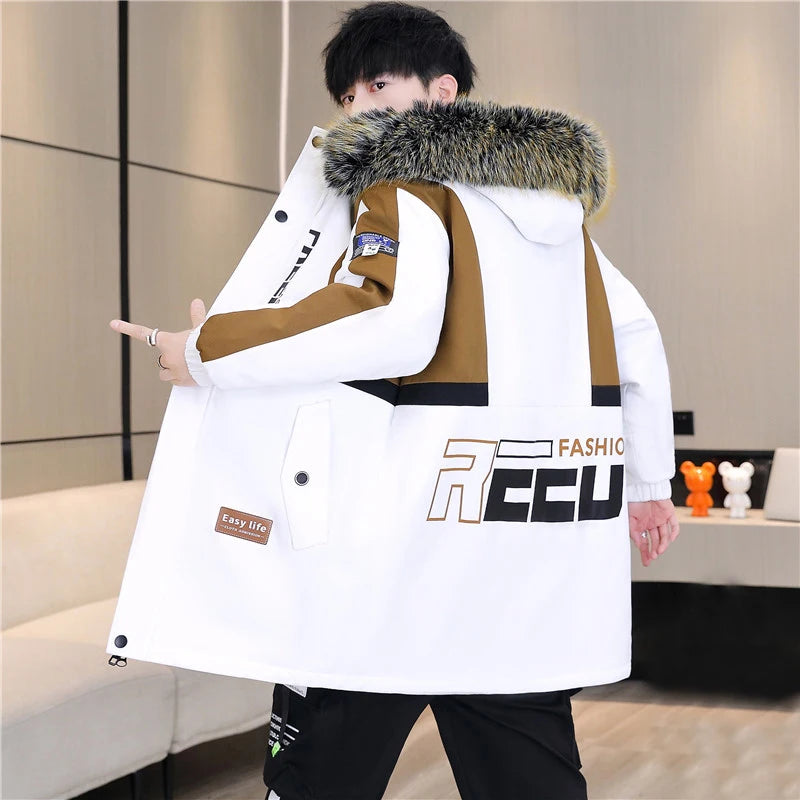Men's Casual Hooded Fleece Winter Mid-Length Parka Jacket