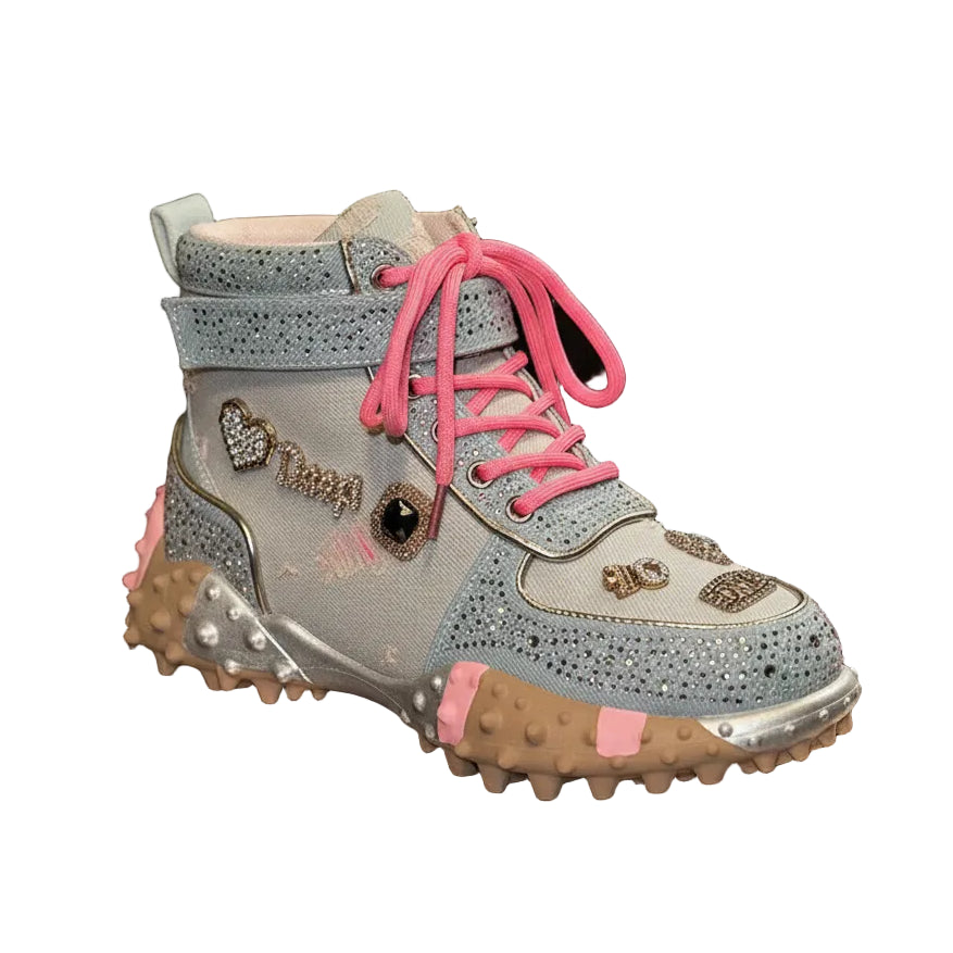 Women's Rhinestone High-Top Sneakers Diamond Lace-Up Casual Boots Thick Bottom