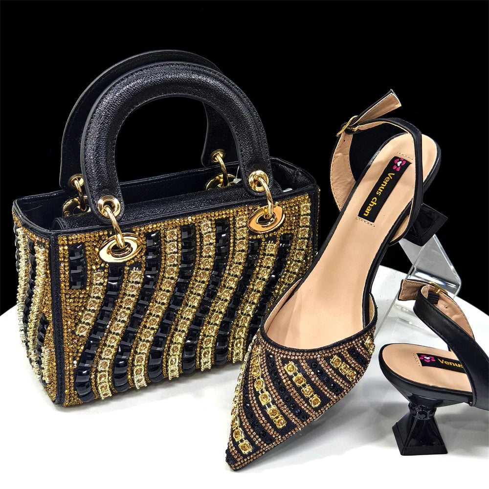 Women's Pointed Toe Rhinestone Heels and Handbag Set