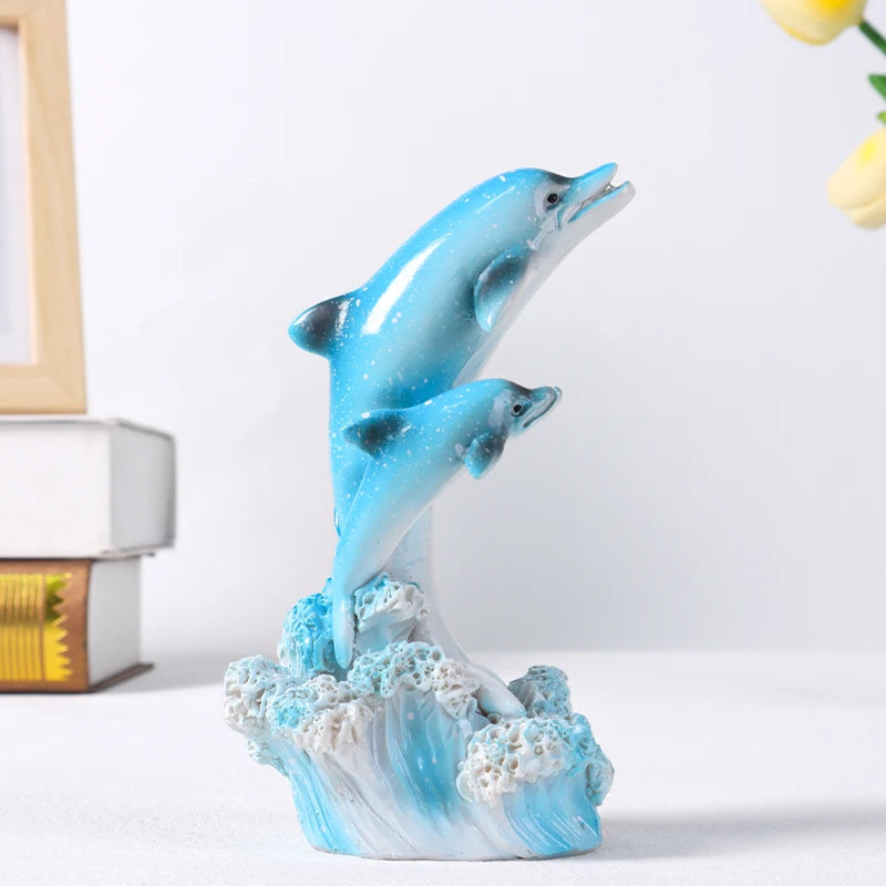 Dolphin Family Resin Statue and Ocean Tabletop Decorative Figurine