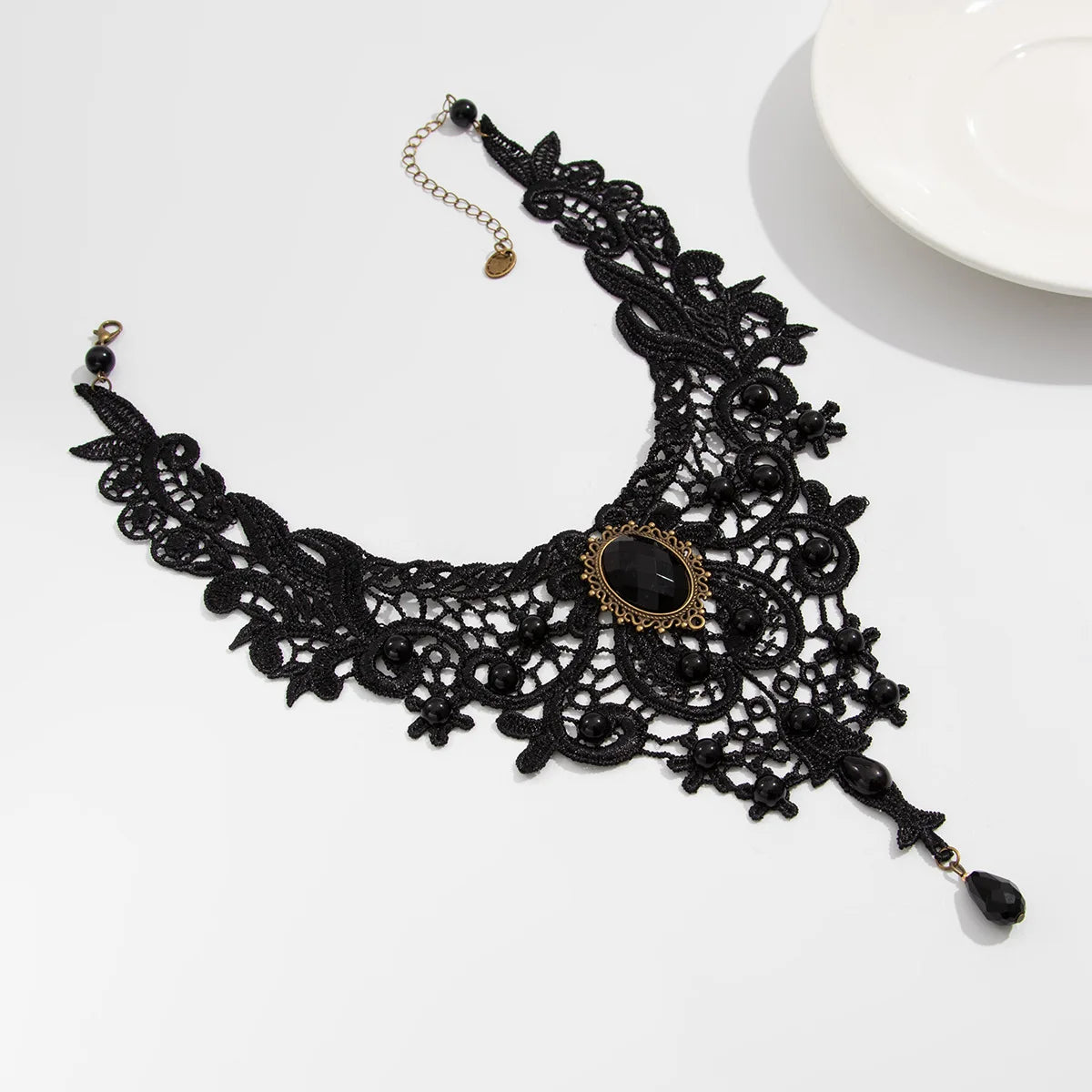 Women's Vintage Black Lace Beaded Gothic Collar Necklace Pendant
