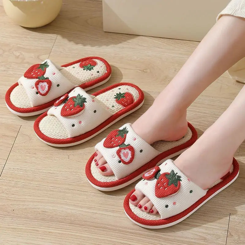Strawberry Print Linen Floor Slippers with Soft Non-Slip Sole