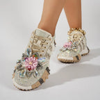 Women's Rhinestone Platform Sneakers Diamond Lace-Up Casual Skateboard Shoes
