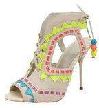 Women's Triangle Patchwork Beaded Lace-Up Sandal Boots