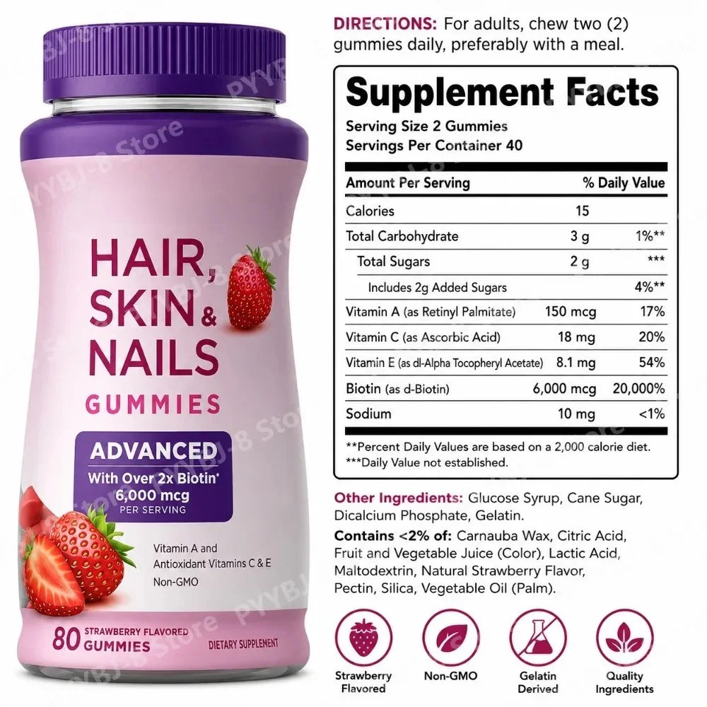 Biotin 6000mcg Strawberry Hair Skin and Nails Gummies 80 Count