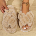 Women's Cross Strap Fluffy Slippers Open-Toed Plush Fur Home Slides