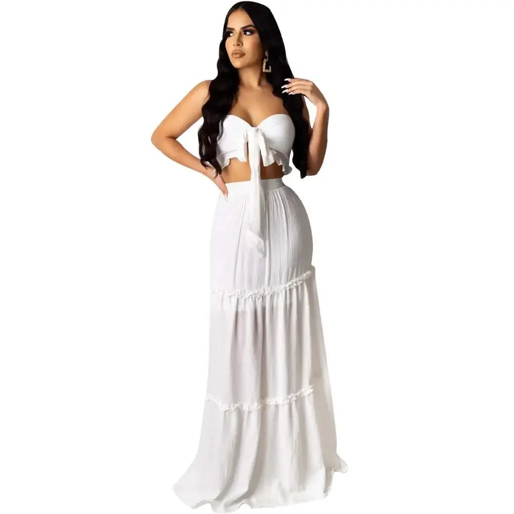 Women Strapless Crop Top and Ruffled Maxi Skirt Two-Piece Bohemian Set
