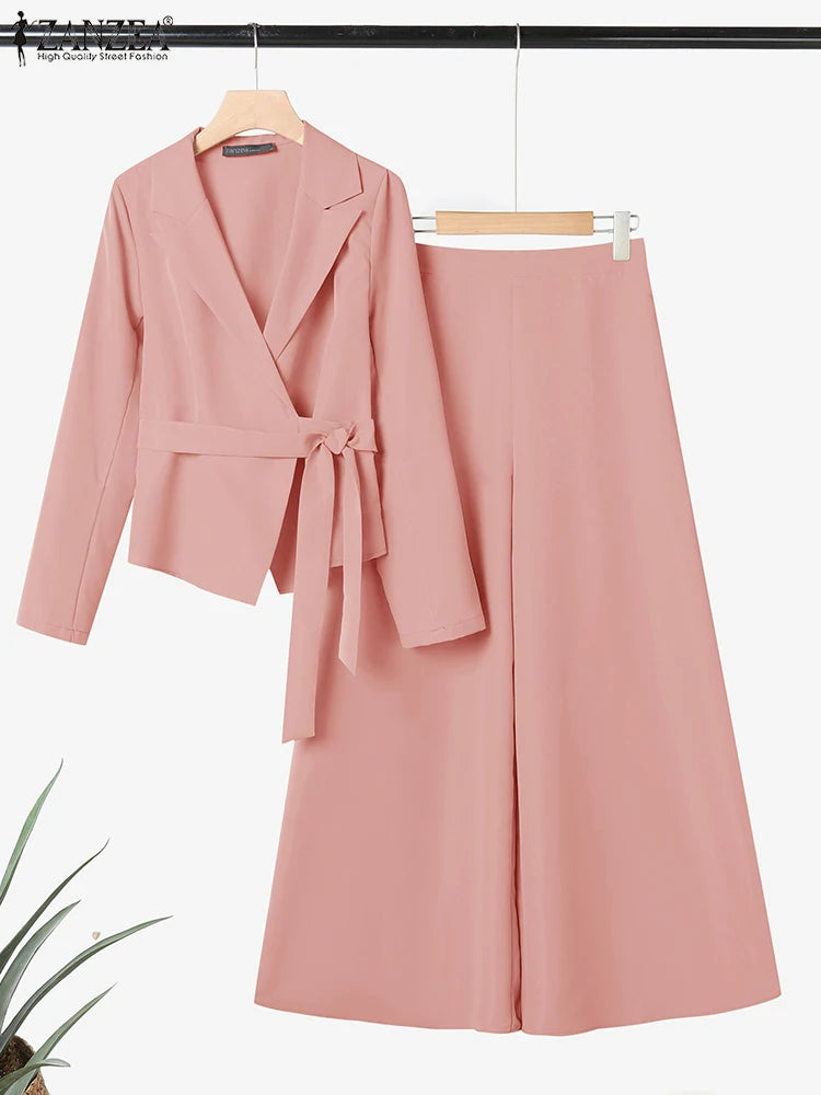 Women's Belted Blazer Wide Leg Pants Suit