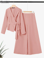 Women's Belted Blazer Wide Leg Pants Suit