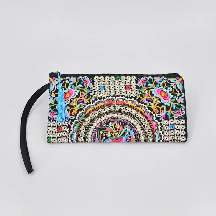 Vintage Embroidered Ethnic Style Long Wallet Wristlet Clutch Bag