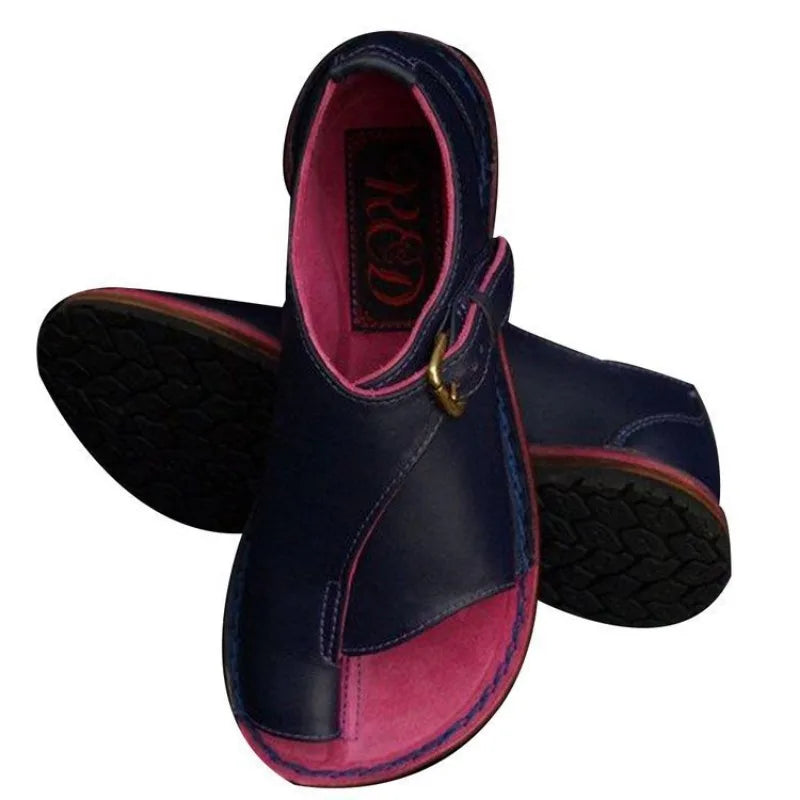 Women's Retro PU Leather Peep Toe Flat Sandals