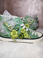 Women's High-Top Canvas Shoes Floral Embroidery Bow Green Handmade Casual