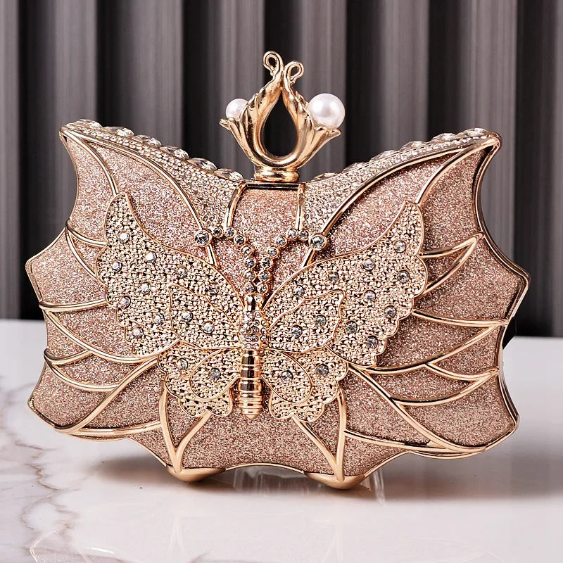 Hollow Butterfly Evening Clutch Bag with Sequins and Diamonds