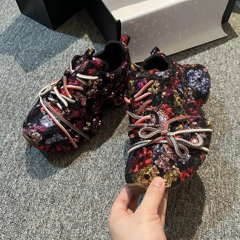 Women's Glitter Platform Sneakers Lace-Up Casual Fashion Shoes