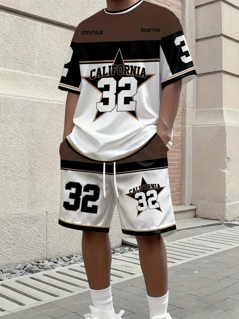 Men's Letter Stripe Print Round Neck T-Shirt and Drawstring Shorts Set